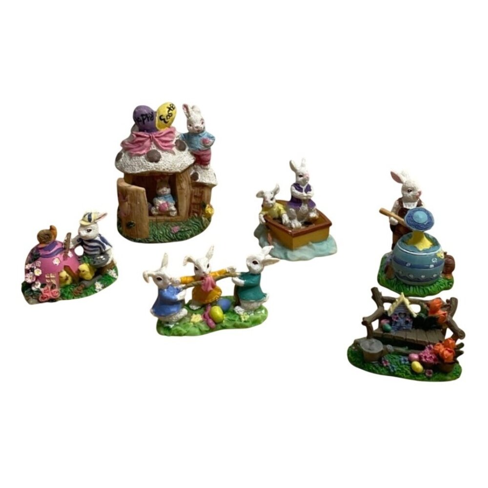 Vtg Easter Bunny Village Figurines House Bench Boat Rabbits Duck Resin Set of 6